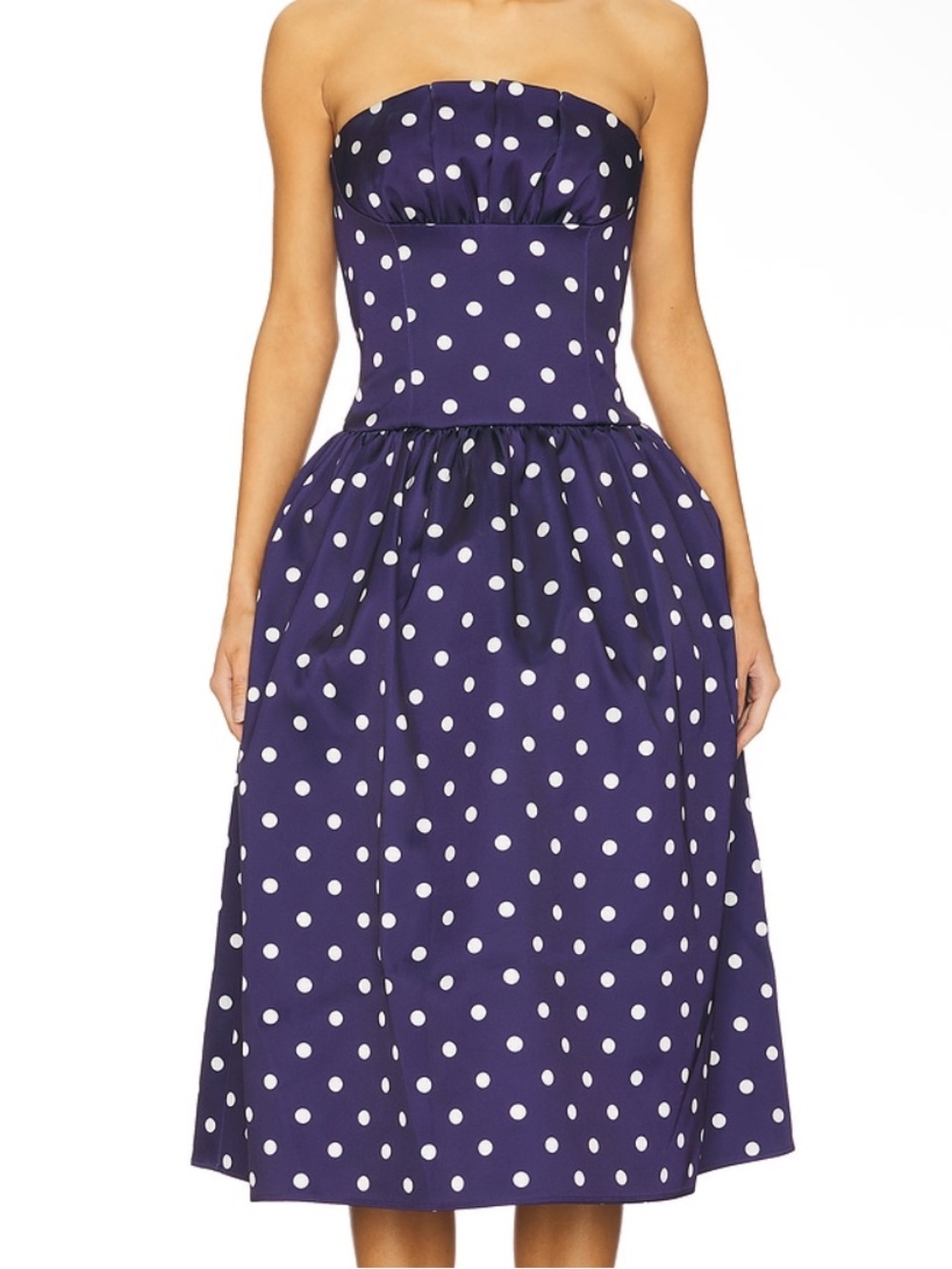 SELF-PORTRAIT Polka Dot Satin Midi Dress in Navy